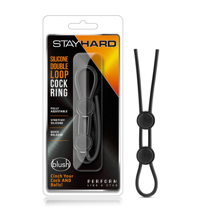 black silicone double loop lasso cock ring next to stay hard package