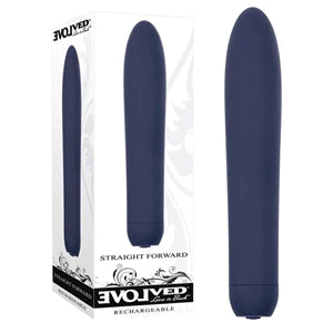 a sleek blue vibrator shown next to its white packaging
