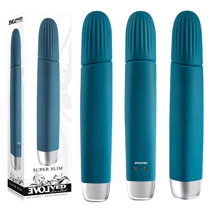 3 rotated views of a teal vibrator that has a vertical ridged head and a white cap, shown next to its white display box