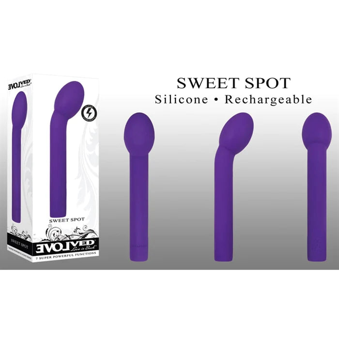 3 rotated views of a purple g spot vibrator with an egg shaped tip shown next to its white display box