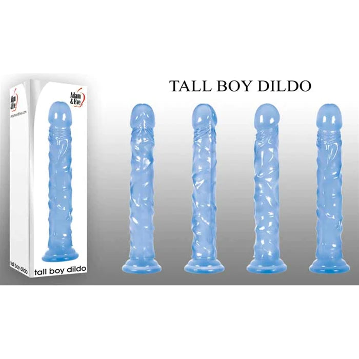 four rotated views of a clear penis shaped dildo with a suction cup base, shown next to its white display box
