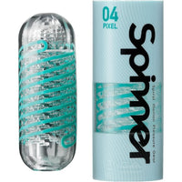 clear & blue spiral sleeve masturbator beside packaging