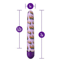 a light purple smooth vibrator with a rainbow "omg" pattern and a darker purple cap, shown next to its dimensions of 7in by 1in and 5.75in insertable