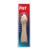 an insertable beige closed fist and arm up to just below the elbow, shown in its plastic packaging
