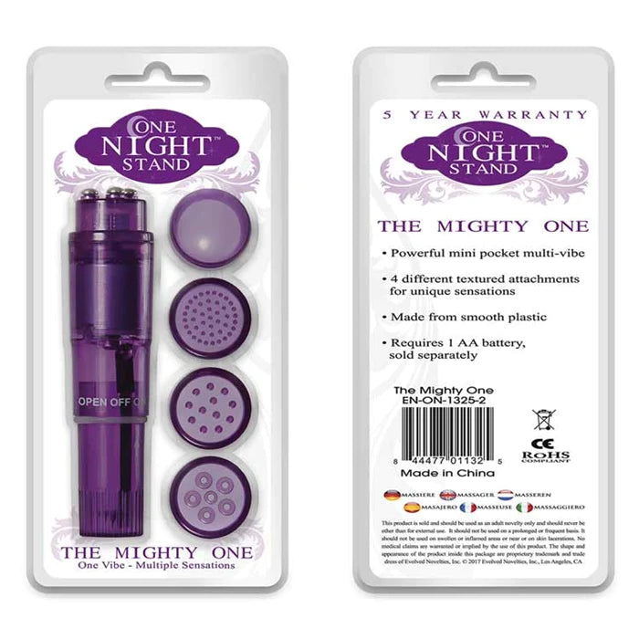 front and back views of plastic packaging for a transparent purple clitoral vibrator that has 3 silver balls on the tip and 4 interchangeable textured tips