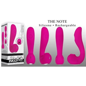 4 rotated views of an L shaped vibrator with a g spot pulsating point and a clitoral tongue stimulator, shown next to its white display box