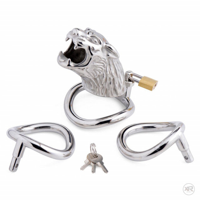 Silver tiger head attached to a silver ring next to two other silver rings and silver keys 