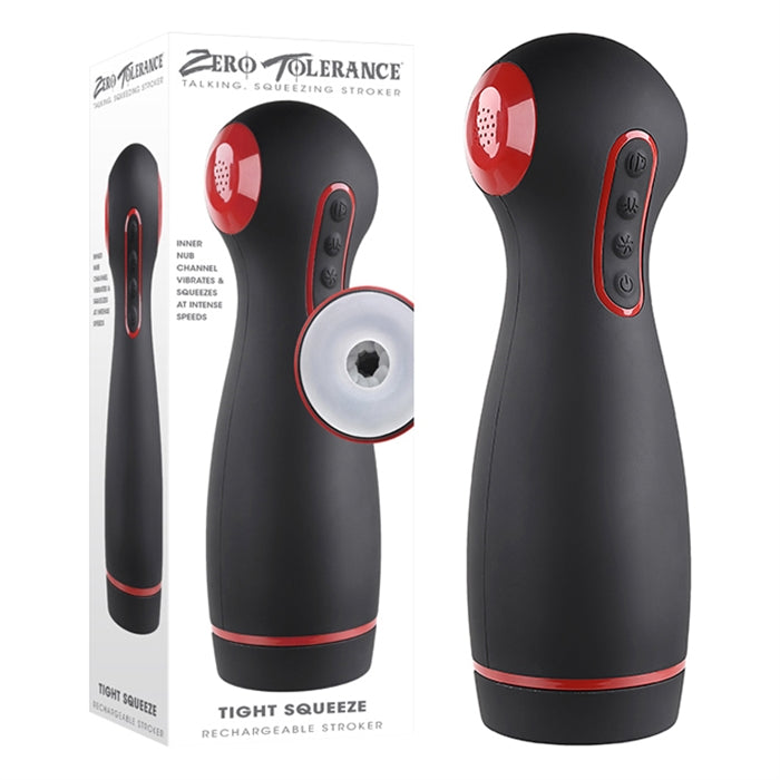 White packaging with the clear masturbator with a circle opening and a hard black and red shell on the front 