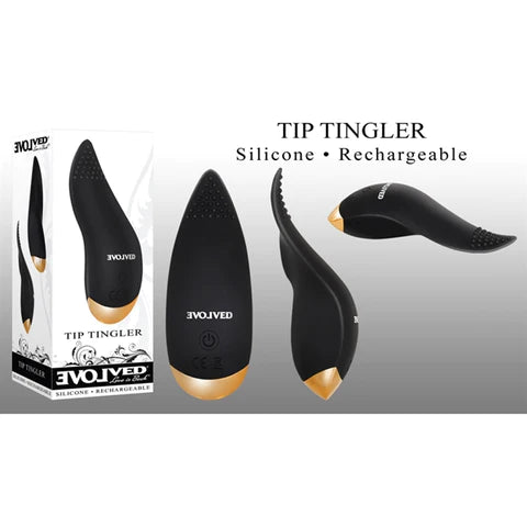 three rotated views of a black and gold tongue shaped vibrator with a studded tip. Shown next to its white display box