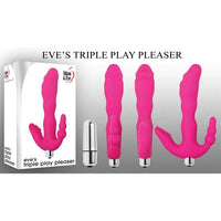 pink silicone triple play stimulator with silver bullet next to box
