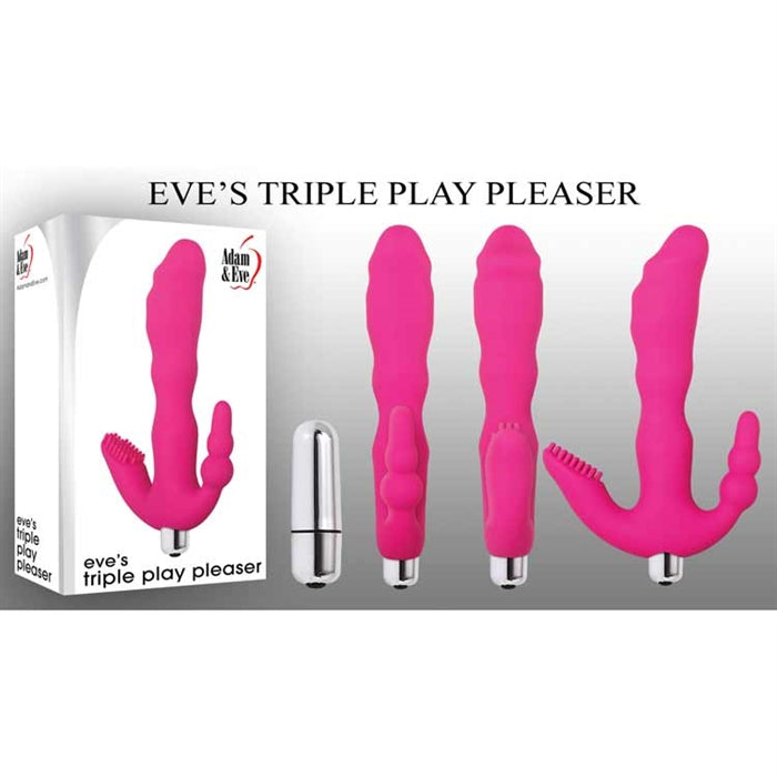 pink silicone triple play stimulator with silver bullet next to box