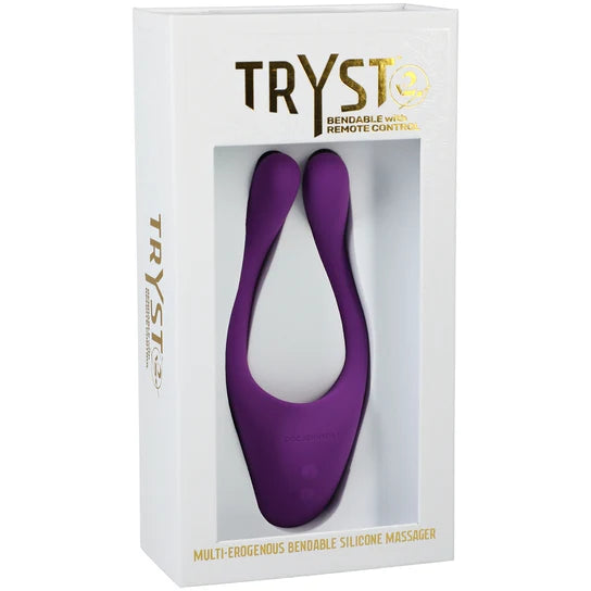 a white display box showing off a purple "frog legs" shaped vibrator.