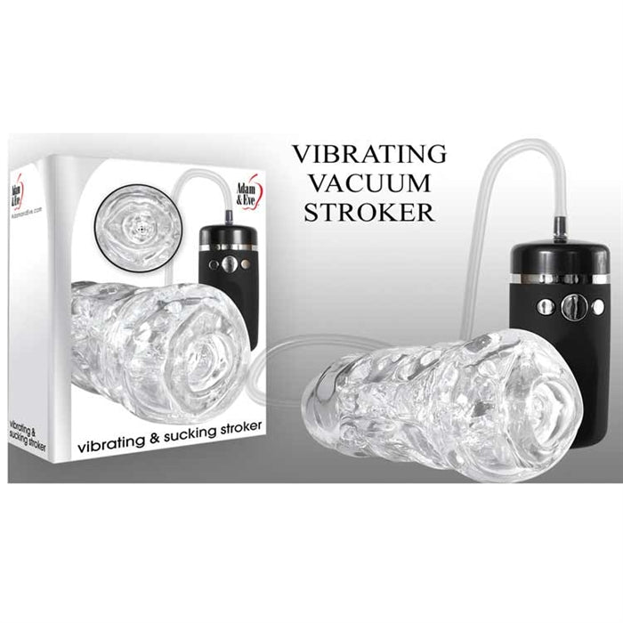 white packaging with the clear masturbator on the front. The clear masturbator has a circle opening and a clear tube attached to a black base with a silver button on it 