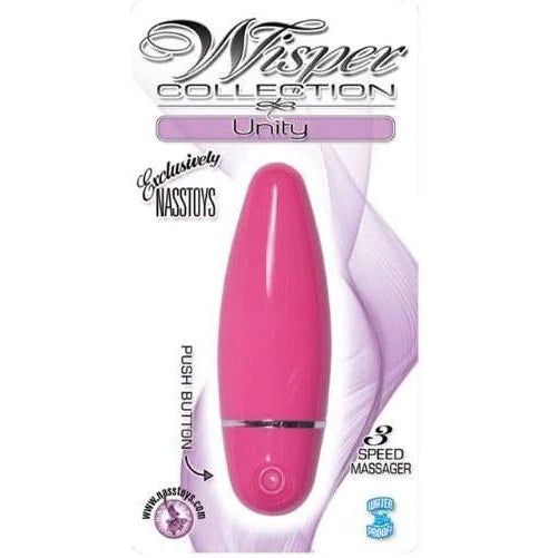 a short pink tapered vibrator with a a silver band at the cap shown in its plastic packaging 