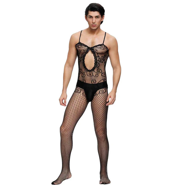 man wearing a black bodystocking with keyhole