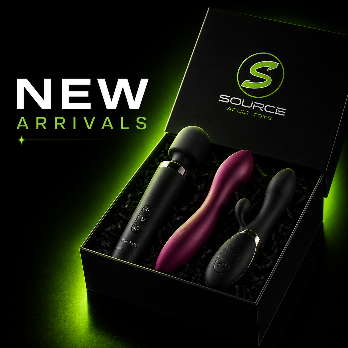 Black Source Adult Toys gift box with three adult wellness products inside, highlighted by neon green lighting and bold “New Arrivals” text on the left.