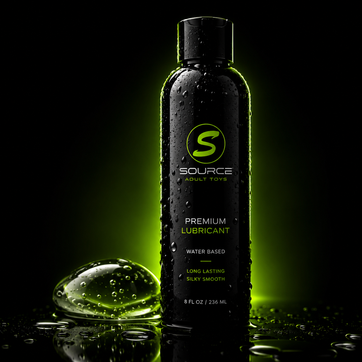 Black bottle of Source Adult Toys premium water-based lubricant with water droplets on the surface, displayed beside a clear gel-like bubble on a glossy black background with neon green lighting.
