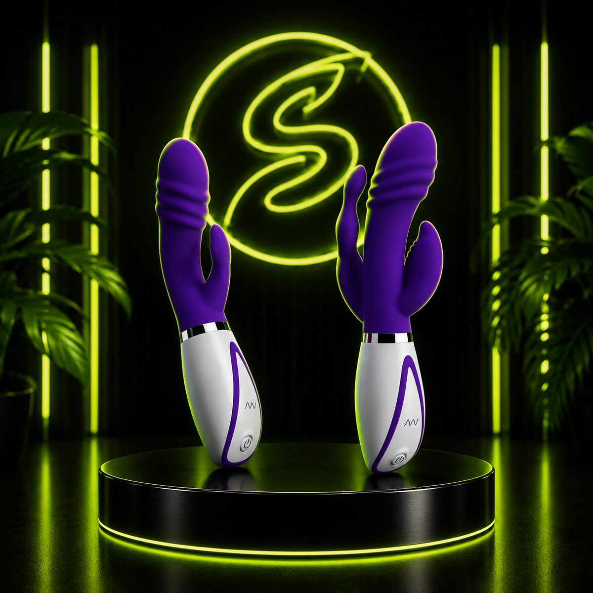 Two purple rabbit-style adult wellness devices with white handles displayed on a glowing black podium, set against a dark background with neon green lighting and a large illuminated “S” logo.