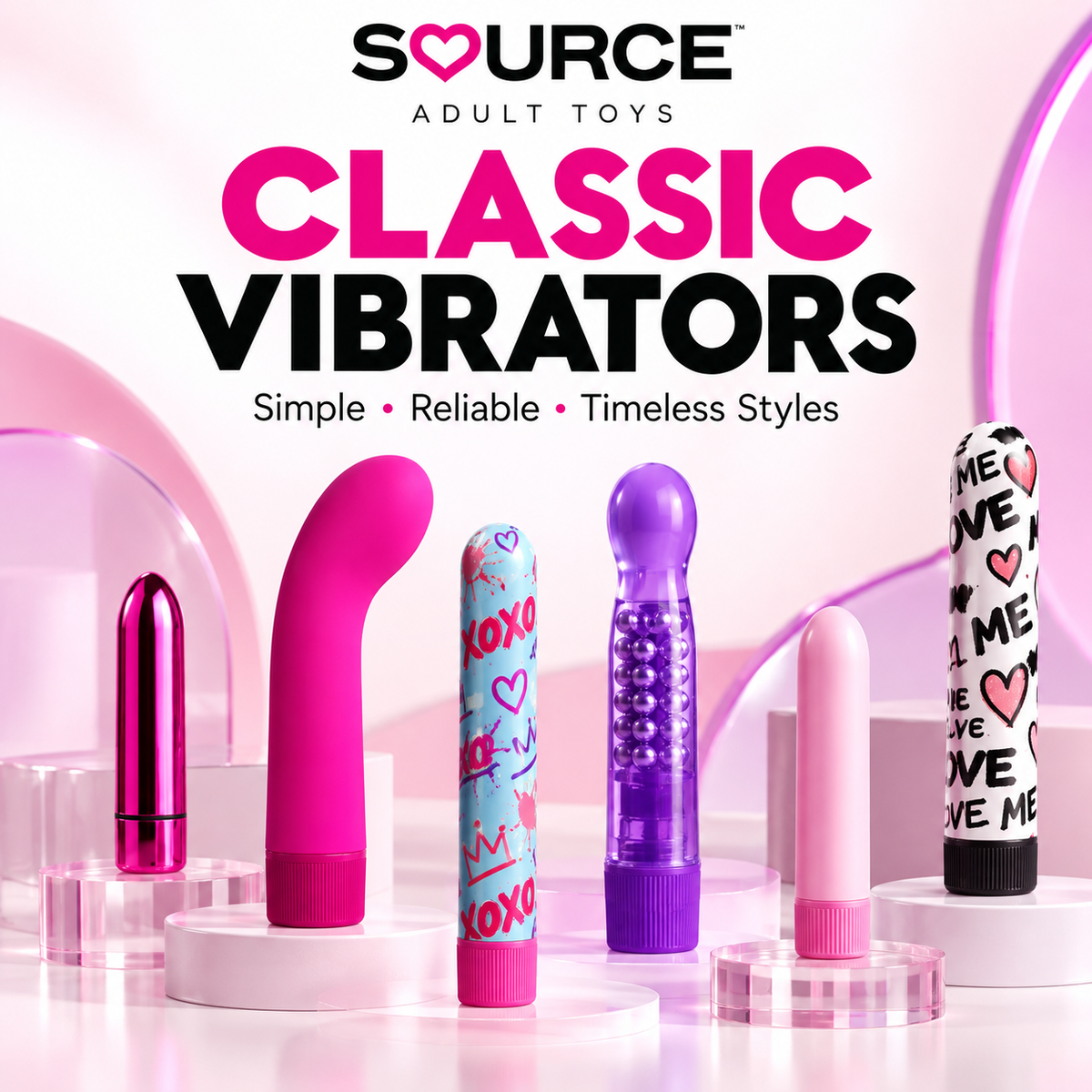 Classic vibrators collection at SOURCE Adult Toys featuring simple, reliable vibrator styles in pink, purple and novelty designs.