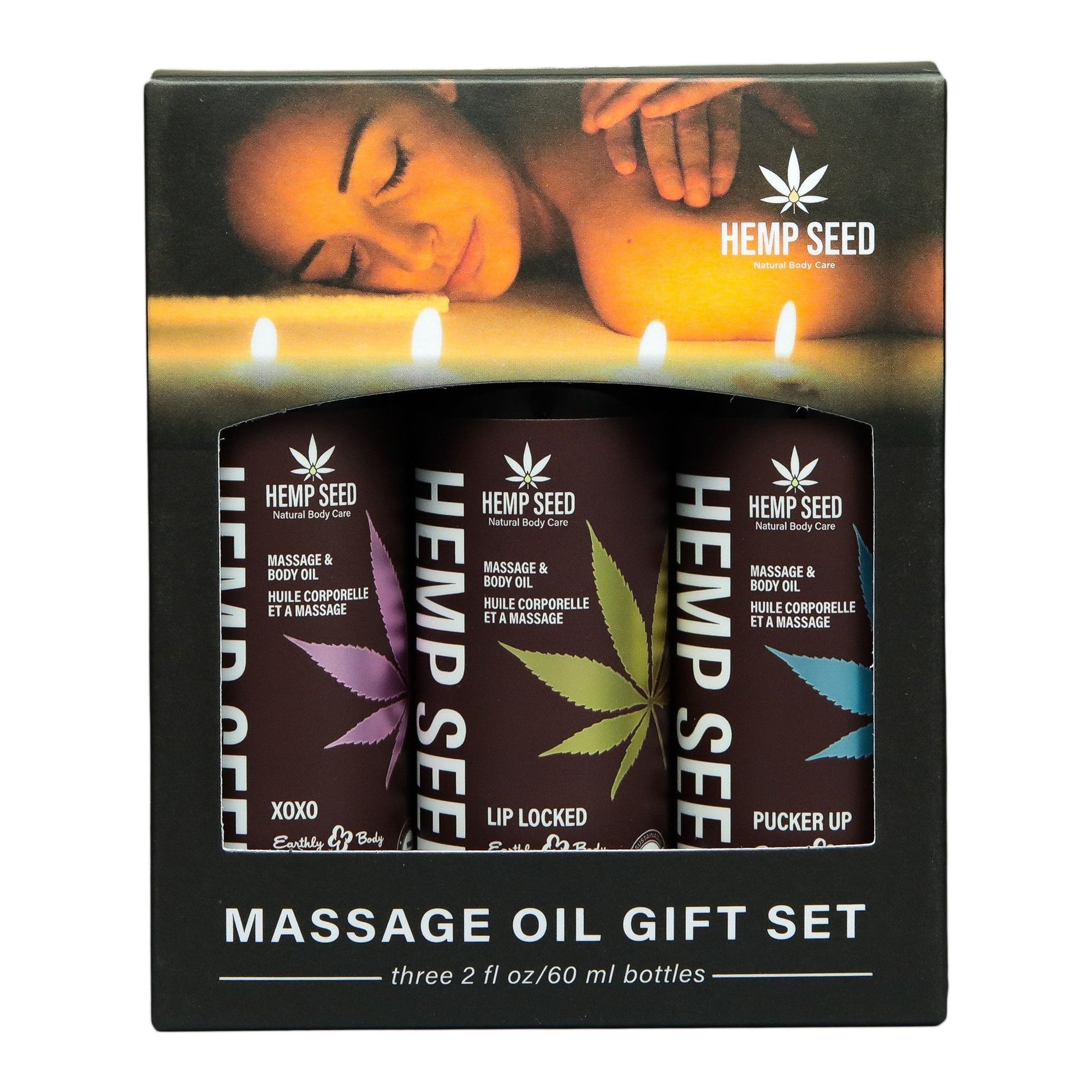 Earthly Body Hemp Seed Massage Oil Gift Set XOXO, Lipped Locked, Pucker Up