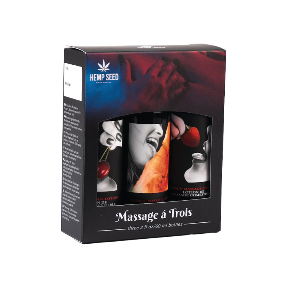 Earthly Body Hemp Seed Massage-a-Trois Edible Massage Lotion Gift Set Cherry, Watermelon, Cherry