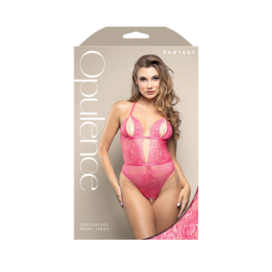 Crotchless teddy with split pearl string cups, cut-out back and adjustable pearl g-string in shimmer lace