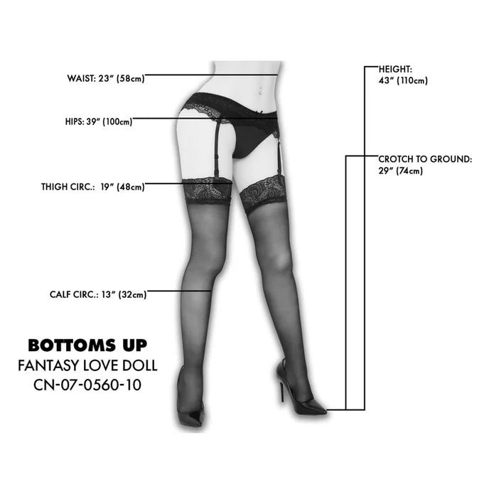 Measurement chart of a woman wearing black stockings with text labels on a white background.