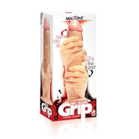a red and white display box depicting a penis shaped dildo with two molded hands attached to the shaft