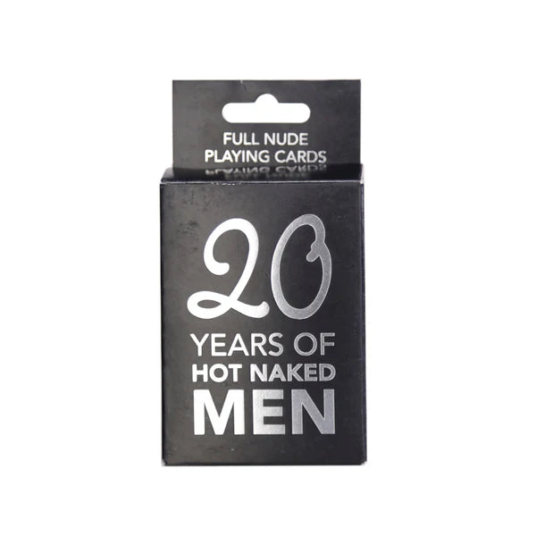 Playing card box with text '20 Years of Hot Naked Men' on a white background
