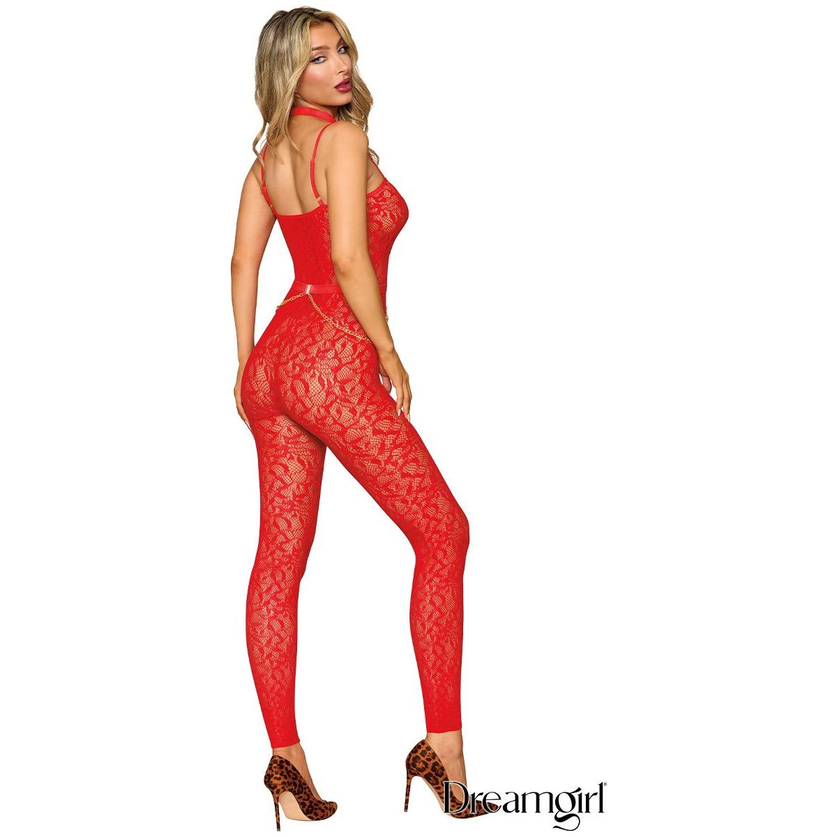 blond female wearing red lace body stocking with sholder straps, collar and chain leash attach to middle of stomach, back view