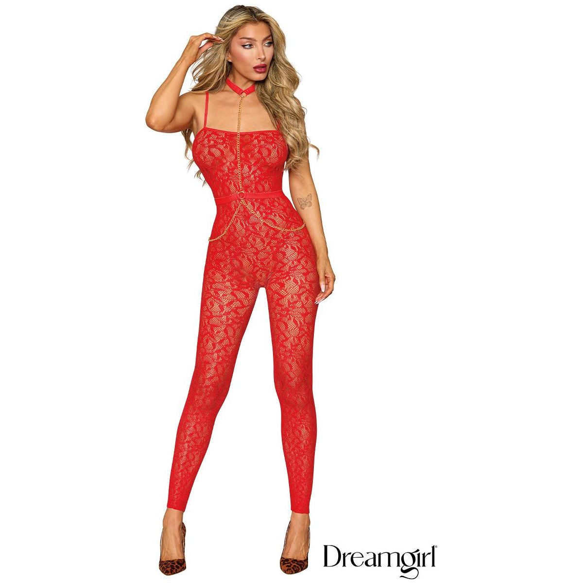 blond female wearing red lace body stocking with sholder straps, collar and chain leash attach to middle of stomach, front view