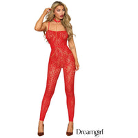 blond female wearing red lace body stocking with sholder straps, collar and chain leash attach to middle of stomach, front view