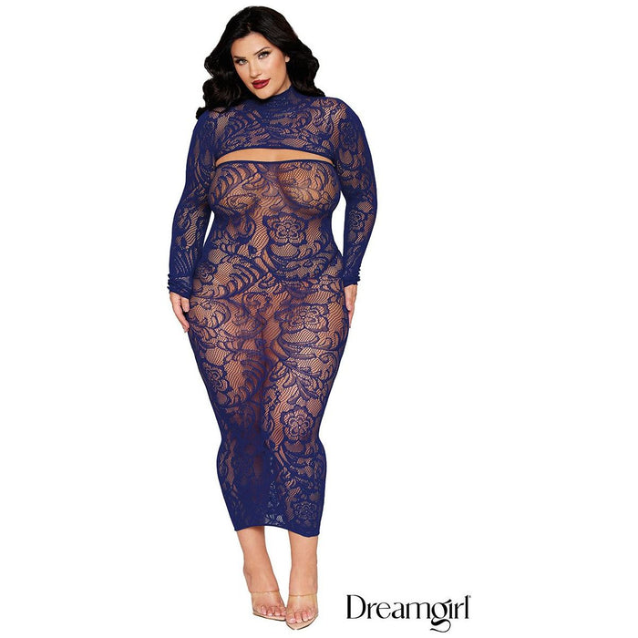 brunette female wearing Seamless net gown with lace sides, a halter tie-neck neckline and a deep plunge front featuring decorative rings, plus size
