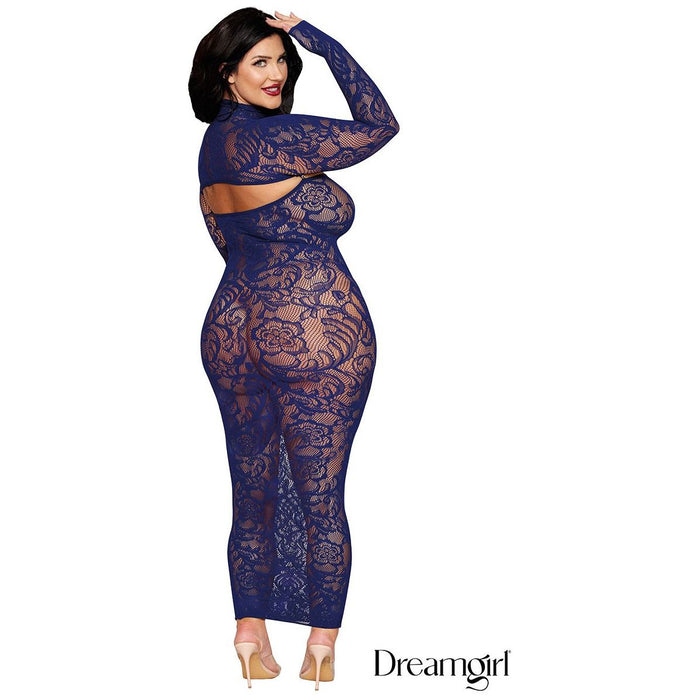 brunette female wearing Long-sleeved lace shrug with high mock neck and a back rhinestone button closure, plus size
