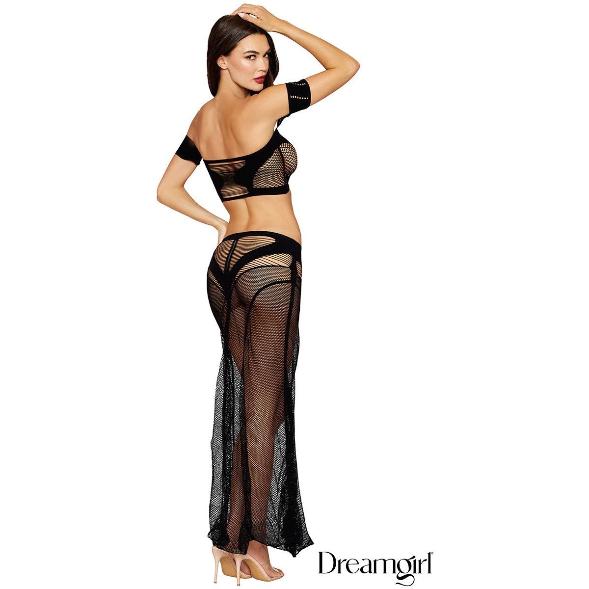 brunette female wearing - Seamless stretch opaque top with an off-the-shoulder neckline, attached mini sleeves and a strappy net design
- High-waisted fit-and-flair skirt with strappy elastic cutouts over the hips and maxi fishnet skirt, back view