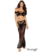 brunette female wearing - Seamless stretch opaque top with an off-the-shoulder neckline, attached mini sleeves and a strappy net design
- High-waisted fit-and-flair skirt with strappy elastic cutouts over the hips and maxi fishnet skirt, front view