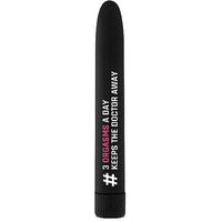 black sleek vibrator with white & pink writing. 