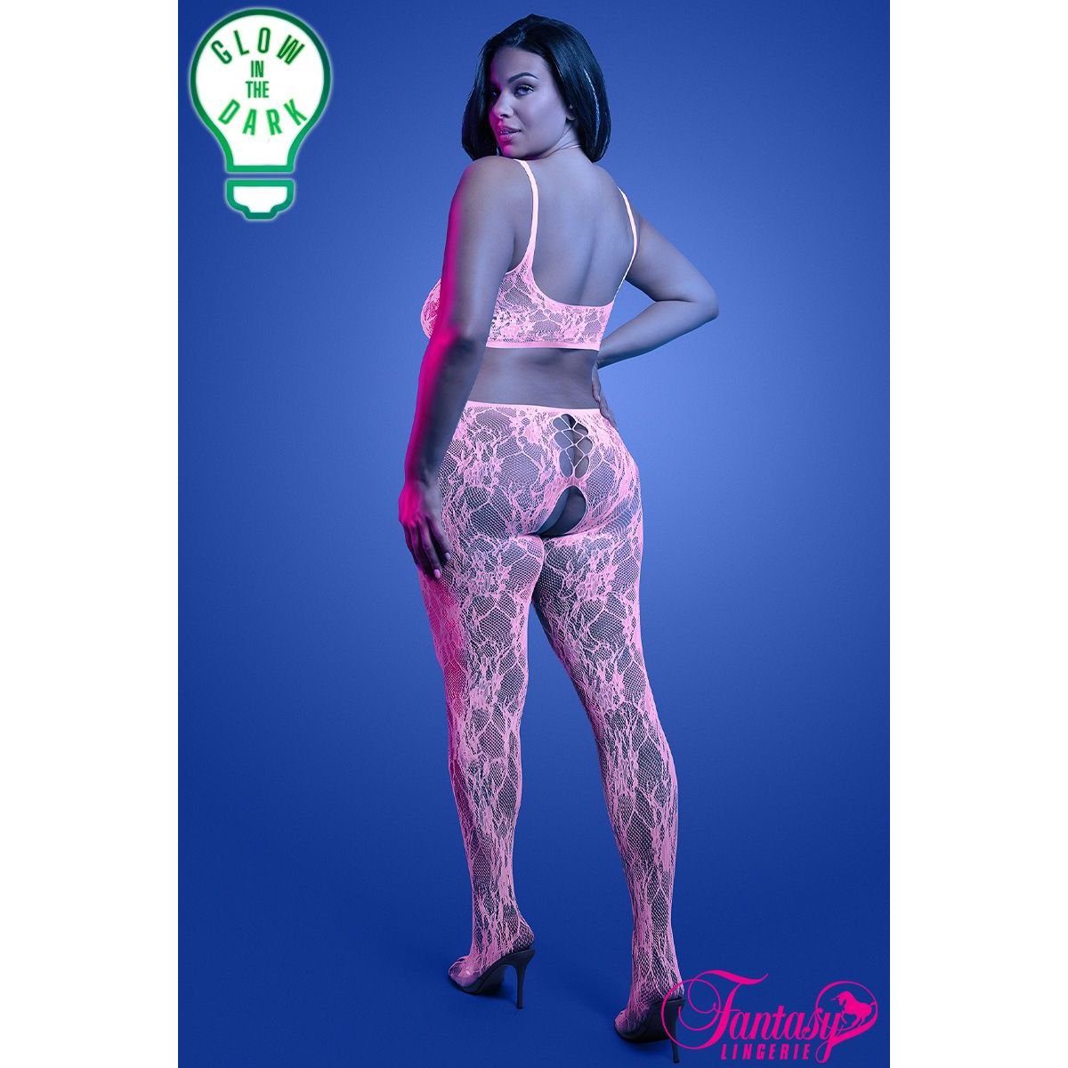 Model wearing a pink lace bodystocking with 'Fantasy Lingerie' branding against a blue background.