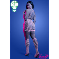 Woman wearing a fishnet outfit with pink accents against a blue background, featuring the brand 'Fantasy'.
