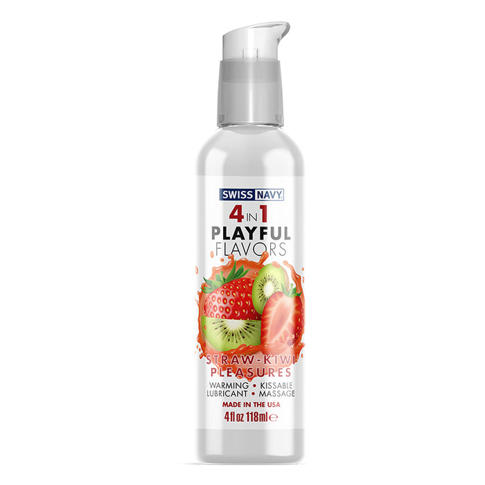 Bottle of Swiss Navy 4-in-1 Playful Flavors product with strawberry and kiwi design on a white background