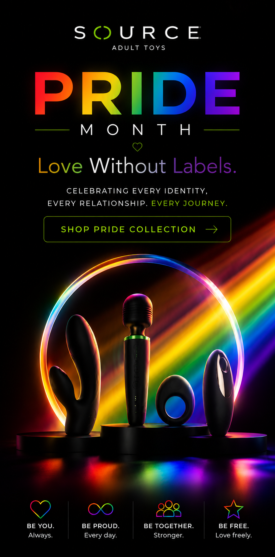 Pride Month promotional banner for Source Adult Toys featuring rainbow neon lighting, adult wellness products on black pedestals, and the message “Love Without Labels. Celebrating every identity, every relationship, every journey.”