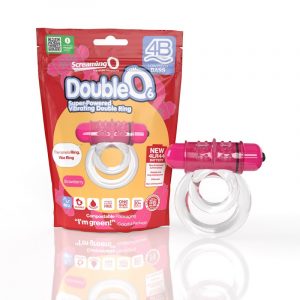 clear jelly double cock ring with pink bullet next to screaming o package