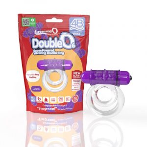 clear jelly double cock ring with purple bullet next to screaming o package