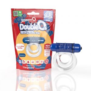 clear double cock ring with blue bullet next to screaming o package