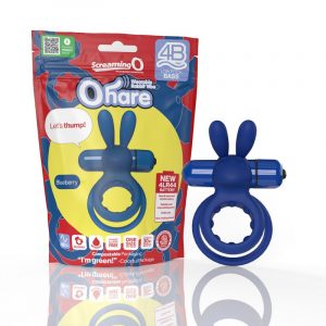 blue silicone rabbit double ring with blue bullet next to screaming o package