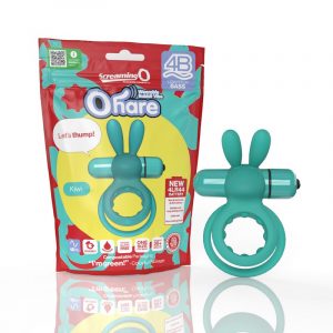 green silicone rabbit double ring with green bullet next to screaming o package