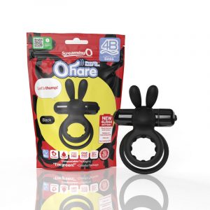 black silicone rabbit double ring with black bullet next to screaming o package