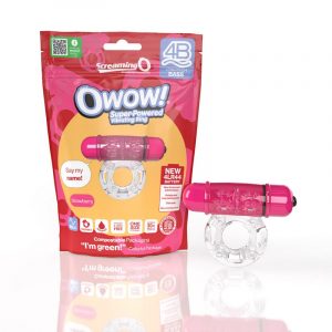 clear jelly textured cock ring with pink bullet next to screaming o package