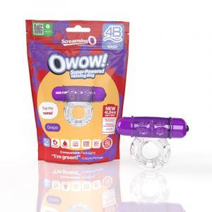 clear jelly textured cock ring with p purple bullet next to screaming o package
