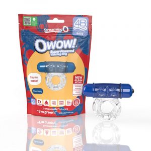 clear jelly textured cockring with blue bullet next to screaming o package